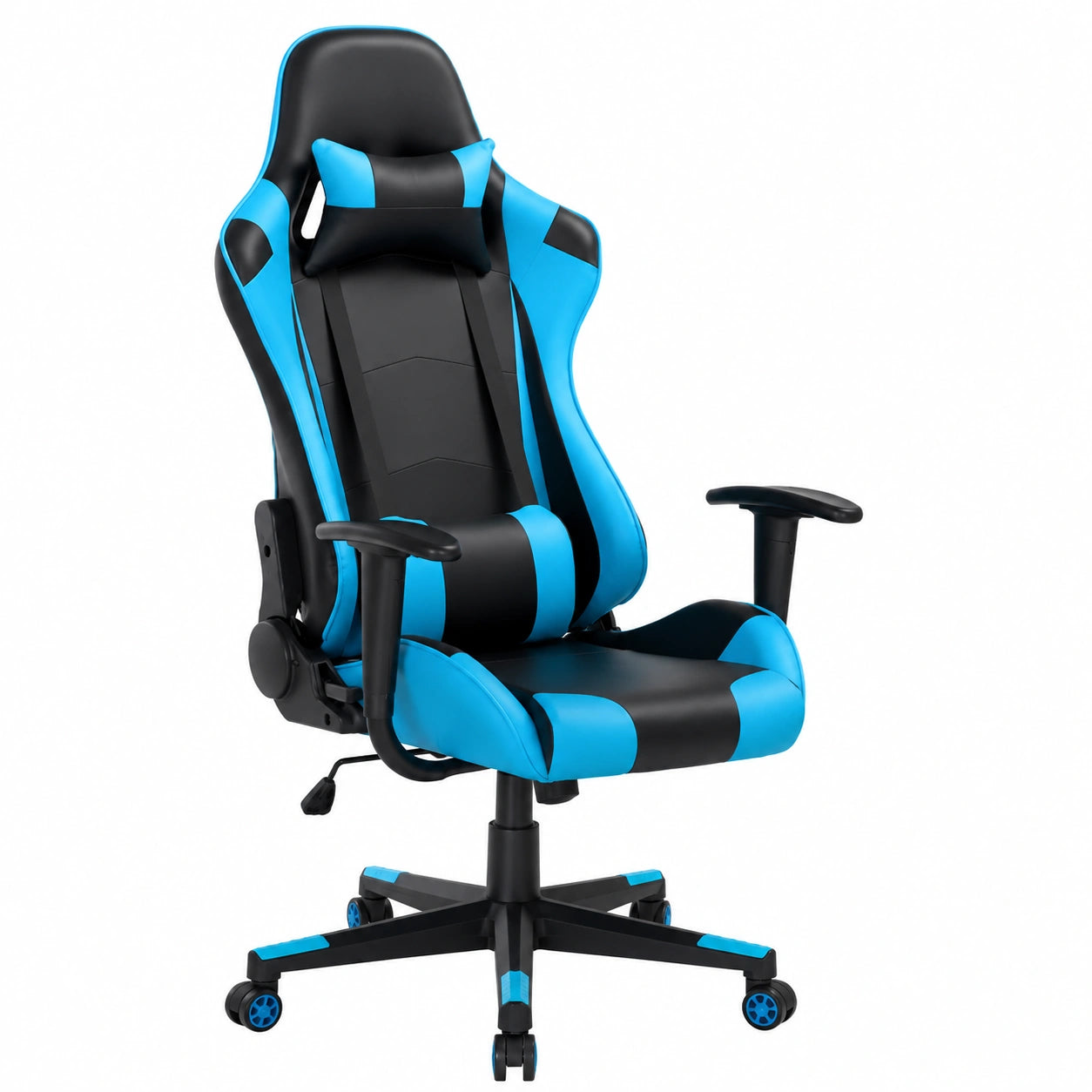 Sedia Gaming in Ecopelle Reclinabile con Cuscino Lombare e Poggiatesta, Rotazione 360°, Altezza Regolabile - Blu e Nero