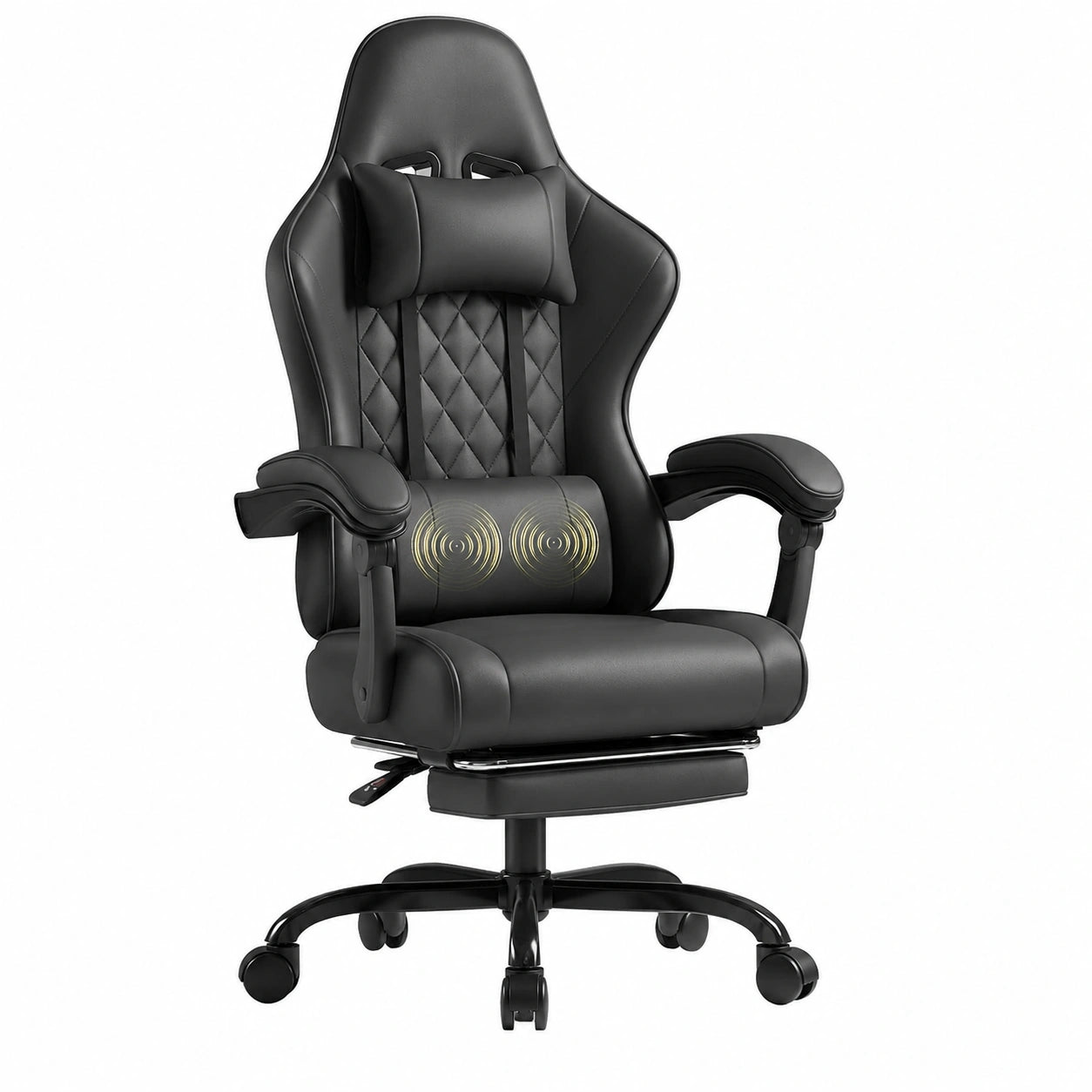 Sedia Gaming Massaggiante con Poggiapiedi, Regolabile 90-150°, Poggiatesta e Cuscino Lombare, Portata Fino a 150kg, Colore Nero