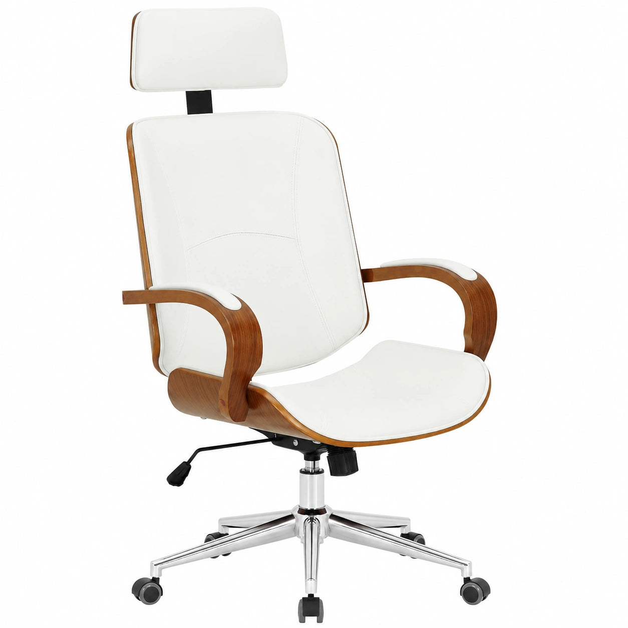 Sedia da Ufficio Dayton con Poggiatesta, Similpelle Regolabile e Girevole, Funzione a Dondolo, Capacità 150 kg, Noce/Bianco