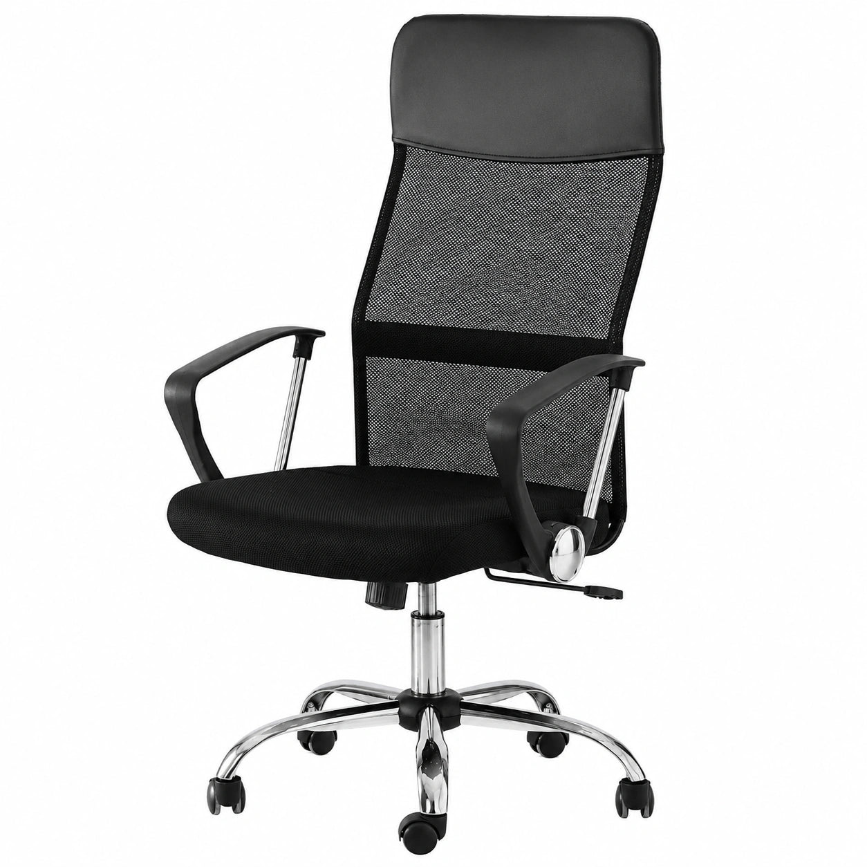 Poltrona Direzionale Ufficio in Metallo Cromato con Poggiatesta in PVC - Nero 63x65x112/122 cm