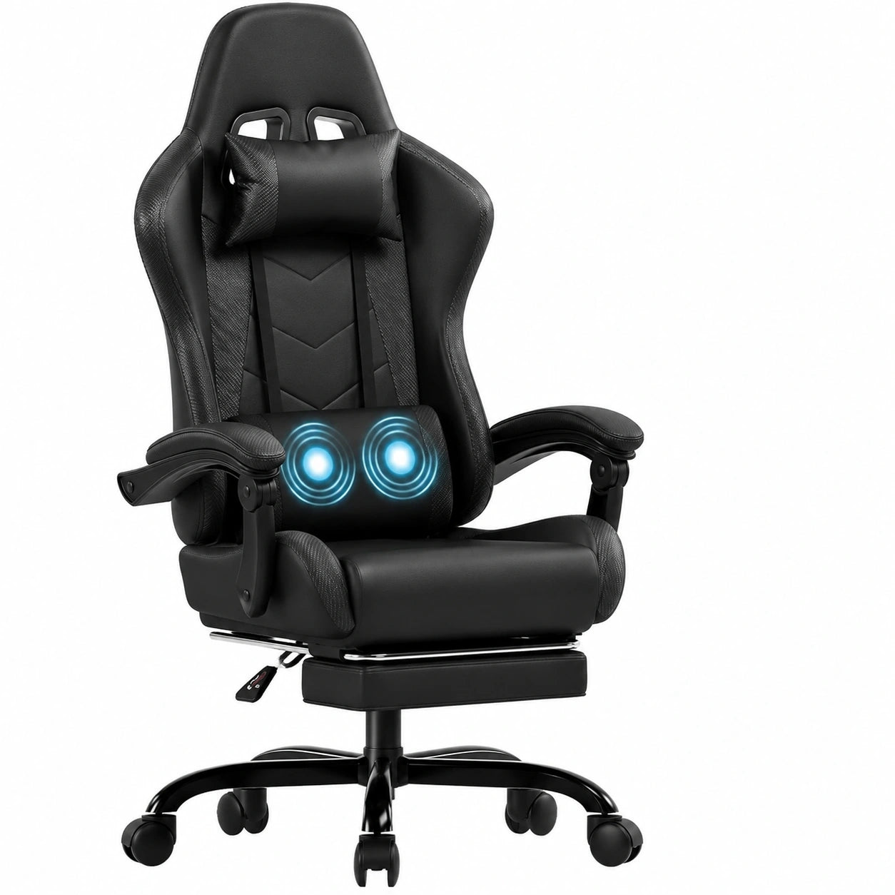Sedia Gaming Ergonomica con Massaggio e Poggiapiedi Estensibile, Supporto Lombare e Poggiatesta, Schienale Regolabile 90-135°, Capacità 150 kg, Nero