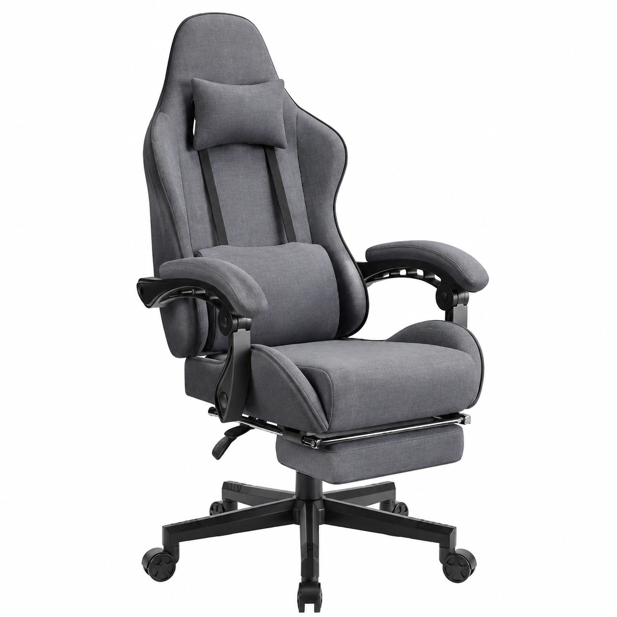 Sedia da Gaming Dowinx Ergonomica in Tessuto con Poggiapiedi, Cuscino a Molle e Supporto Testa, Grigia